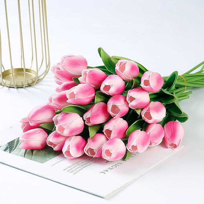 Sggvecsy 30 Pcs Fake Tulips Artificial Flowers Real Touch PU Faux Flowers Tulip Stems for Wedding Spring Bouquet Floral Arrangement Home Party Office Decorations for Mother's Day (Rose Pink)