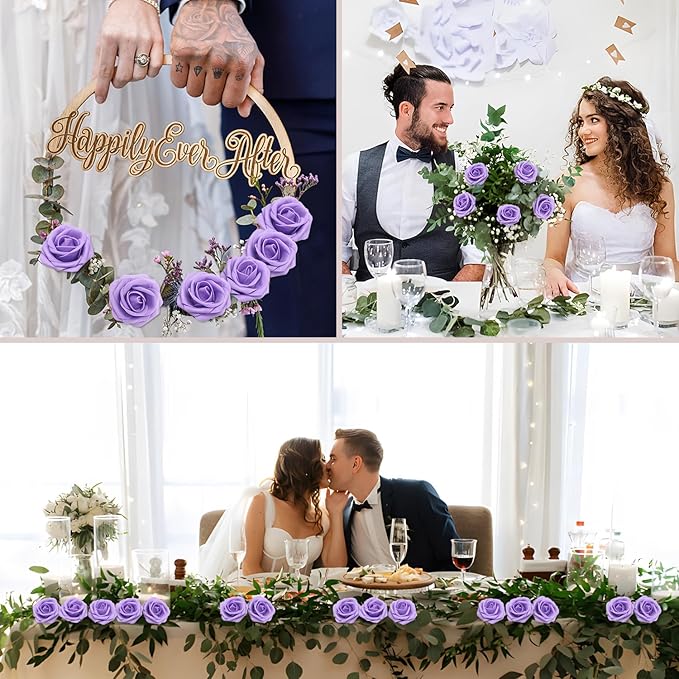 Artificial Flowers Roses Real Looking Foam Fake Roses with Leaves and for DIY Wedding Bouquets Bridal Shower Centerpieces Party Decorations (Lilac, 200)