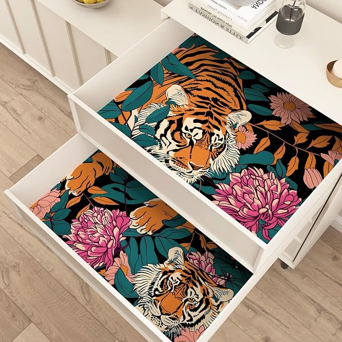 Tiger Wallpaper Peel and Stick Vintage Floral Contact Paper Retro Boho Leaf Wall Paper Removable Waterproof Renter Friendly Wall Decor for Bedroom Countertop Desk Cabinet 17.5 x 118In