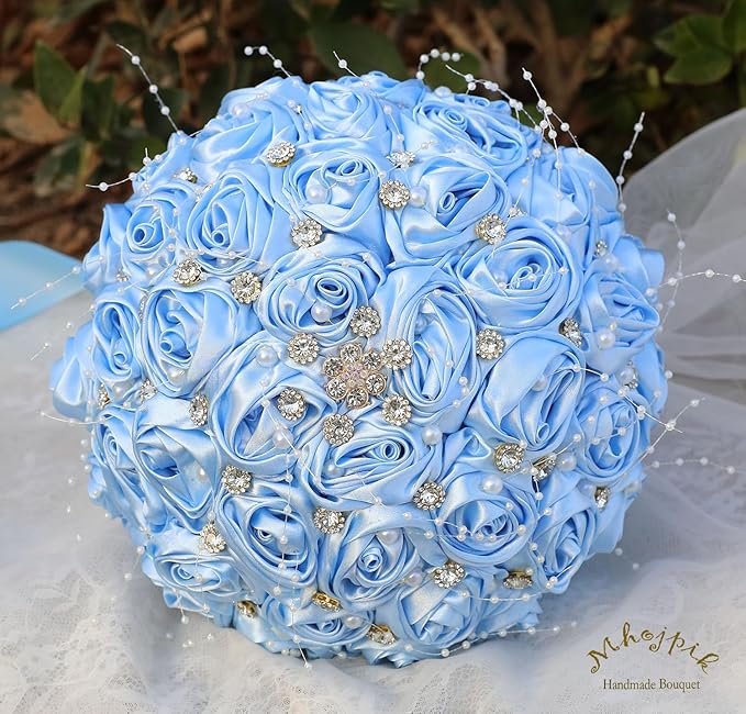 Bridal Wedding Bouquet Round Bling Brooch Bouquet Throw Toss Artificial Rose Flower Bunch for Bride Bridesmaid Wedding Quinceanera(Light Blue, 6.3")