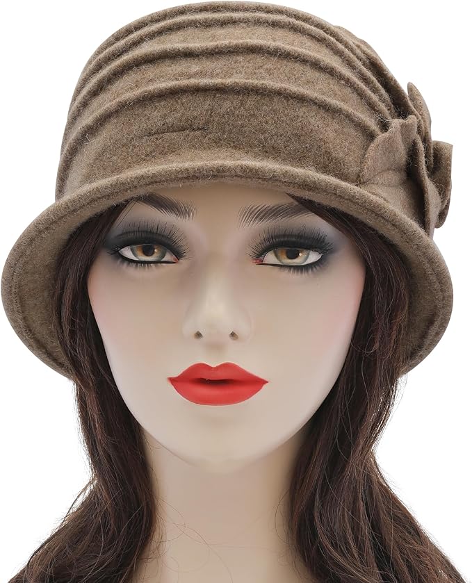 ZLYC Women Wool Cloche Bucket Hat 1920s Vintage Dress Winter Hats with Flower Accent