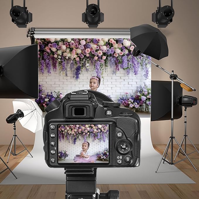 Baocicco Purple Floral Wall Backdrops 10x8ft Flowers White Brick Wall Backdrops for Photoshoot Valentine Day Decorations Anniversary Wedding Banner Supplies Birthday Baby Shower Photo Props