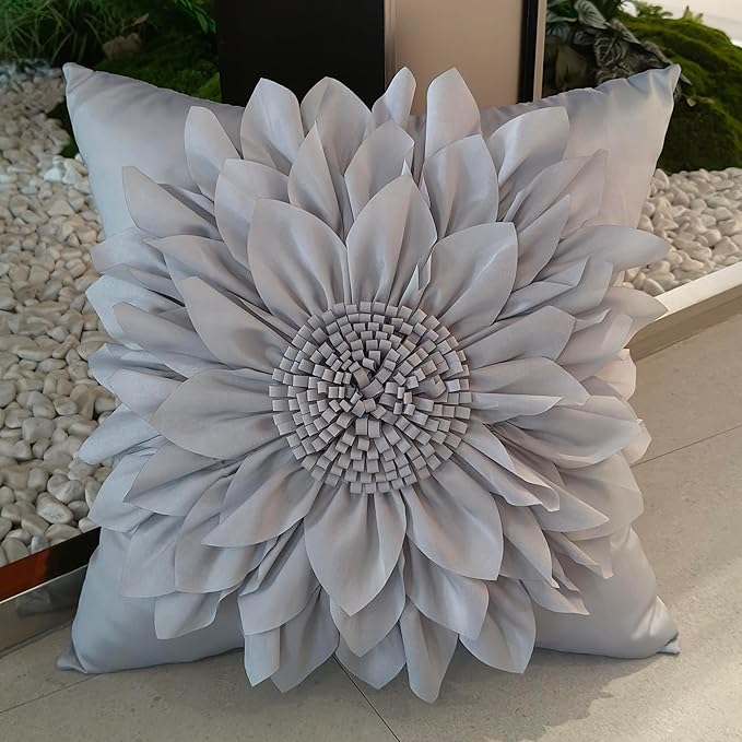 Bella's Giftshop 3D Sunflower Decorative Throw Pillow Covers for Bed Sofa Couch Car, Accent Floral Taffeta Cushion Cover, Handmade Pillow Cases Living Room Decor, 17x17 Inch-Gray/Silver