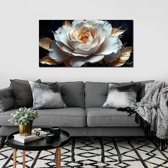 Large White Flower Canvas Wall Art for Living Room Bedroom Home Office Black and White Flower Picture Modern Canvas Prints Framed Wall Decor Artwork Size 20x40