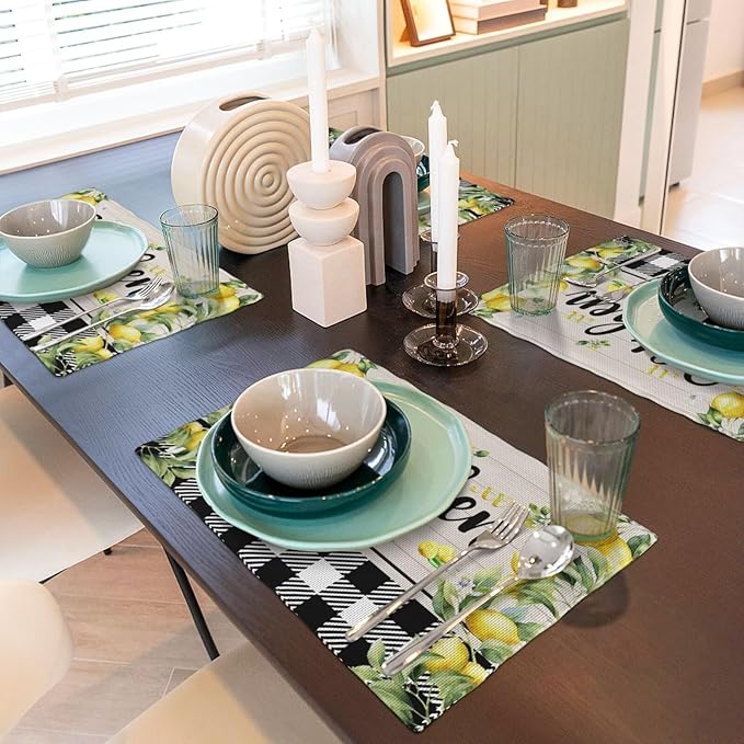 Lemon Kitchen Table Placemats Set of 4 Retro Country Green Leaves Fruit Heat Resistant Table Mats for Home Party Indoor Holiday Decor 12 x 18 Inch