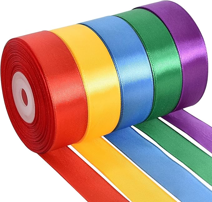 TONIFUL 1 Inch x 125 Yards 5 Colors Satin Ribbon Rolls, Mixed Bright Dark Gorgeous Color Set Fabric Ribbon for Gift Wrapping Embellish Wedding Birthday Party Decoration Bow Making Floral Craft Sewing