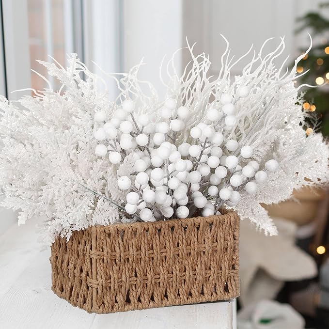 75 Pcs Christmas Glitter Branches 3 Styles Artificial Christmas Picks Berries Stems Pine Needles Floral Twig Spray for Xmas Tree Ornaments DIY Wreath Garland(White)