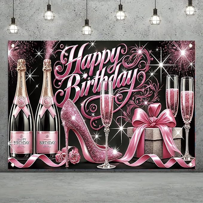 Happy Birthday Backdrop Banner Glitter High Heels Wine Glass Photography Background Poster for Women Girls Birthday Party Decorations Supplies 71 x 43 Inch