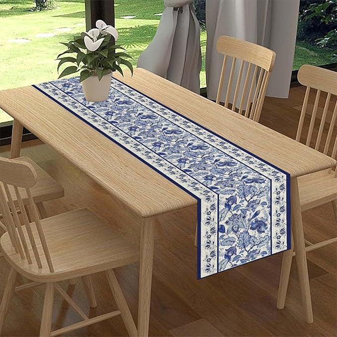Blue Floral Table Runner, Rustic Vintage Paisley Floral Retro Boho Art Linen Coffee Table Center Decor for Family Kitchen Farmhouse Holiday Party Table Decorations Indoor Outdoor 13x36 inch