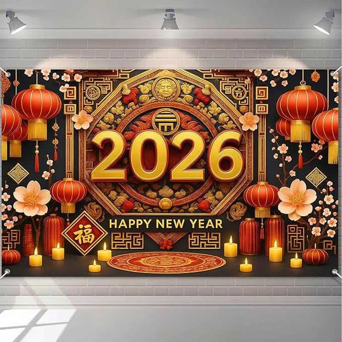 Chinese New Year Banner 71x43 Inch 2026 Spring Festival Wall Decoration with Red Lanterns and Plum Blossoms Lunar New Year Backdrop for Home Party Holiday Photo Background