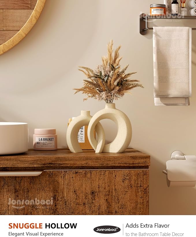 Beige Ceramic Decor Vase Set of 2 - Modern Boho Donut Decorative Vases for Home Entry Way Console Table Decor, Shelf Bookshelf Mantel Decorations, Kitchen Dining Table Centerpiece (Matte Cream White)