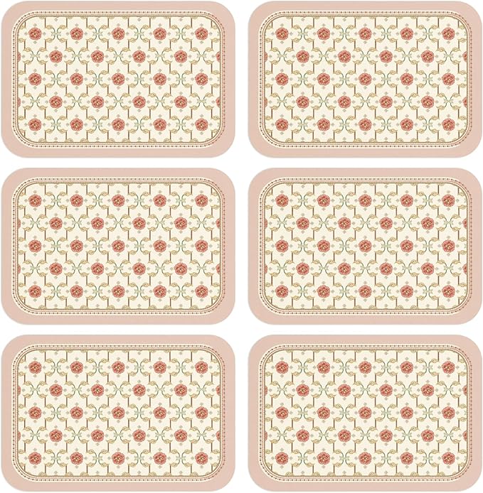 patdrea French Floral Red Rectangular PVC Placemats, Pack of 6, Waterproof Insulation, Soft and Durable, Suitable for Dining Table, Kitchen and Coffee Table Decoration,12"*17"