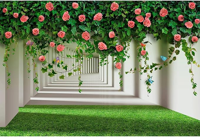 Rose Flowers Backdrop Red Rose Flowers and Green Leaves with Butterflies Photography Background Spring Alley Green Grass Backdrops Outdoor Wedding Party Decorations Photo Studio Props 20x10ft
