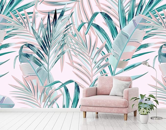 WFBHUA-Pink and Green Palm Leaf Wallpaper Large Self Adhesive Mural for Girls' Rooms 82"x57"