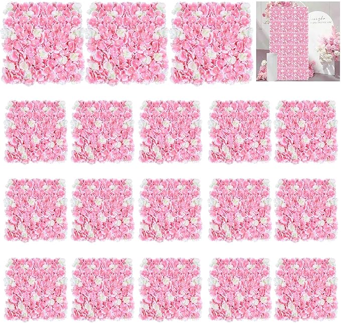 Pink Floral Wall Backdrop: 3D Silk Flower Panel 3.75ft x 7.5ft Artificial Hydrangea for Wedding Party Birthday Decoration (18 Pcs 15 x 15 Inch)