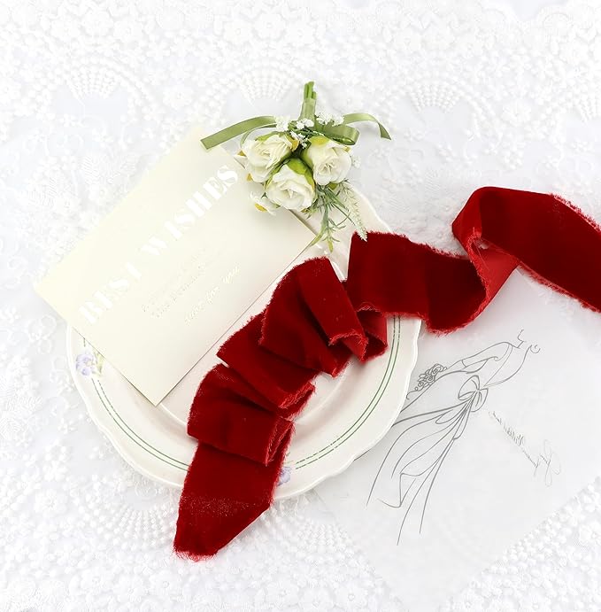 MAYREEL 2 Inch Red Velvet Ribbon Hand Torn Crimson Silk Frayed Edge for Christmas Gift Wrapping Bridal Bouquets Invitations Wedding Vow Books Gift Baskets 3 Yards