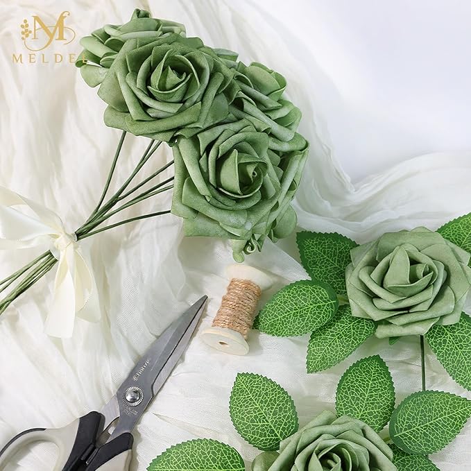 Meldel Artificial Flowers 25pcs Real Looking Elf Green Foam Fake Roses with Stems for DIY Wedding Bouquets Bridal Shower Centerpieces Floral Arrangements Home Decorations Bulk Crafts Rose