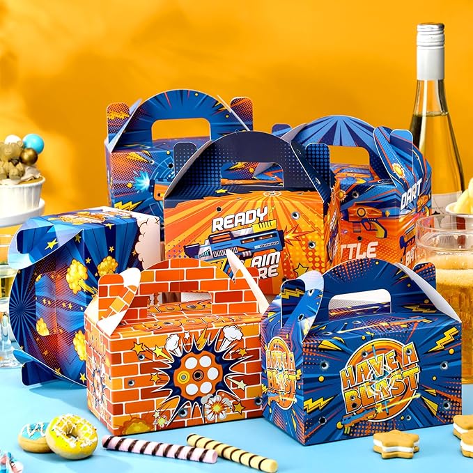24 Pcs Dart Party Favors Gift Boxes Goodie Candy Treat Cookie Boxes Halloween Candy Containers with Handles for Dart Gun Theme Birthday Party Gift Wrapping