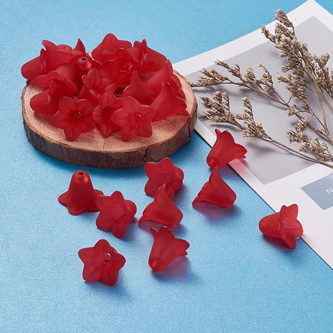 Crafans 50Pcs Frosted Acrylic Flower Beads for Christmas Red Floral Pendants Trumpet Flower Bead Caps Loose End Spacer Beads for Jewelry Making Supplies 17.5x12x1.5mm