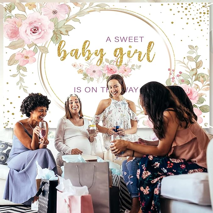 Sweet Baby Girl is On The Way Backdrop - 7x5ft Pink Floral Baby Shower Banner for Girl, Watercolor Gold Glitter Party Decorations, Gender Reveal Newborn Welcome Photo Booth Background