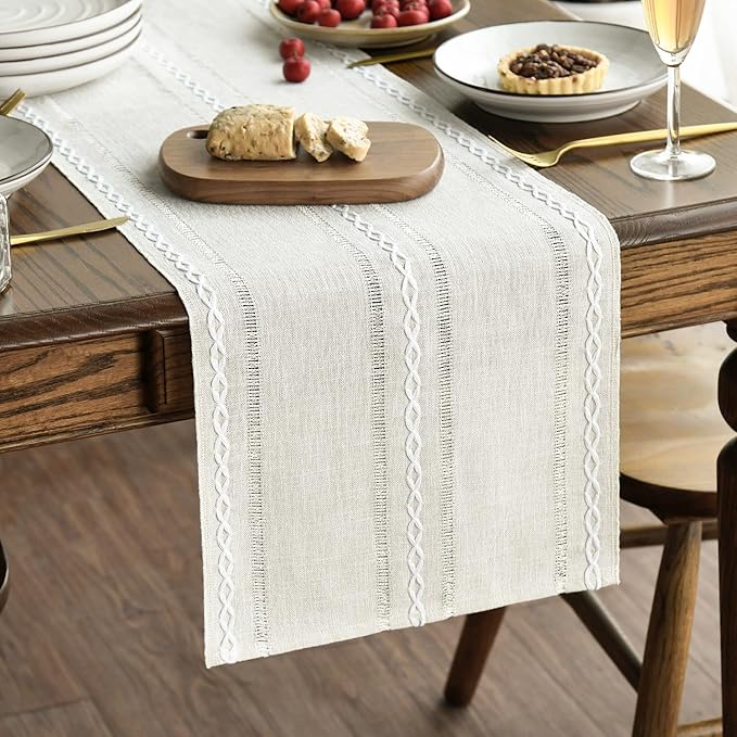 Artoid Mode Beige Rustic Cotton Linen Table Runner, Seasonal Embroidered Hollow Kitchen Dining Table Decoration for Home Party Decor 13x108 Inch