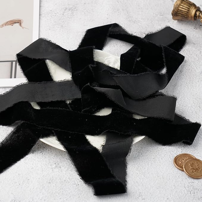 Black Velvet Ribbon 1.5 Inch Black Frayed Silk Velvet Ribbon Rustic Christmas Velvet for Gift Raw Edge Boho for Wedding Invitation Bridal Bouquet -3yards