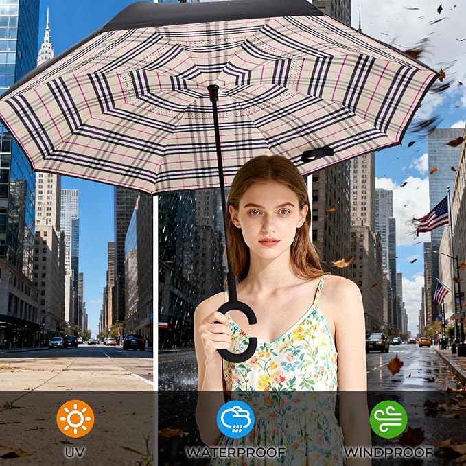Inverted Umbrella, 49 Inch Double-Layer Vented Reverse Umbrella, Windproof Waterproof UV Protection, Lightweight C-Handle, Fiberglass Ribs, Steel Shaft, Travel/Commute/Car Use, With Sleeve