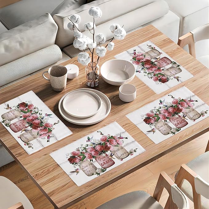 Rose Flower Placemats Set of 6 Farmhouse Peony Floral Table Mats Washable Place mats for Home Party Indoor Kitchen Dining Table Decoration 12x18 Inch