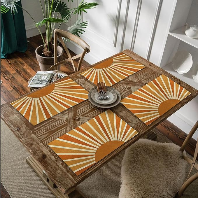 Boho Placemats Set of 4, 70s Retro Boho Neutral Sun Sunshine Placemats, Boho Mid Century Modern Table Mats Place Mats for Kitchen Dining Table Decoration 16.9x11.4 Inch