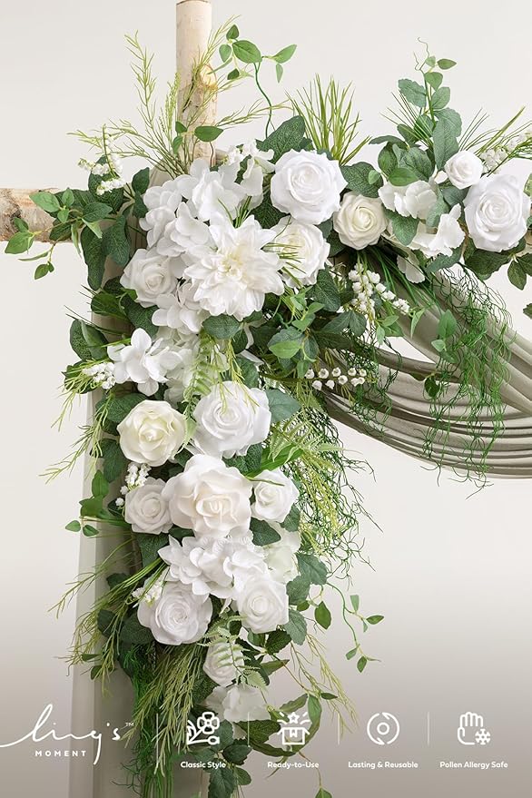 Ling's moment Wedding Arch Flowers with Drapes Kit-Pack of 5, 2pcs Flower Arrangements 3pcs Sheer Hanging Drapes White Ceremony Arbor Backdrop Artificial Rose Floral Decorations, White Green