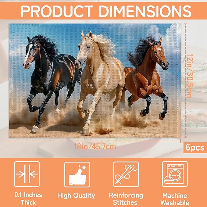 Running Horse Placemats Set of 6,Waterproof Heat Resistant Dining Table Plate Mat for Home Kitchen Dining Table 12x18Inch