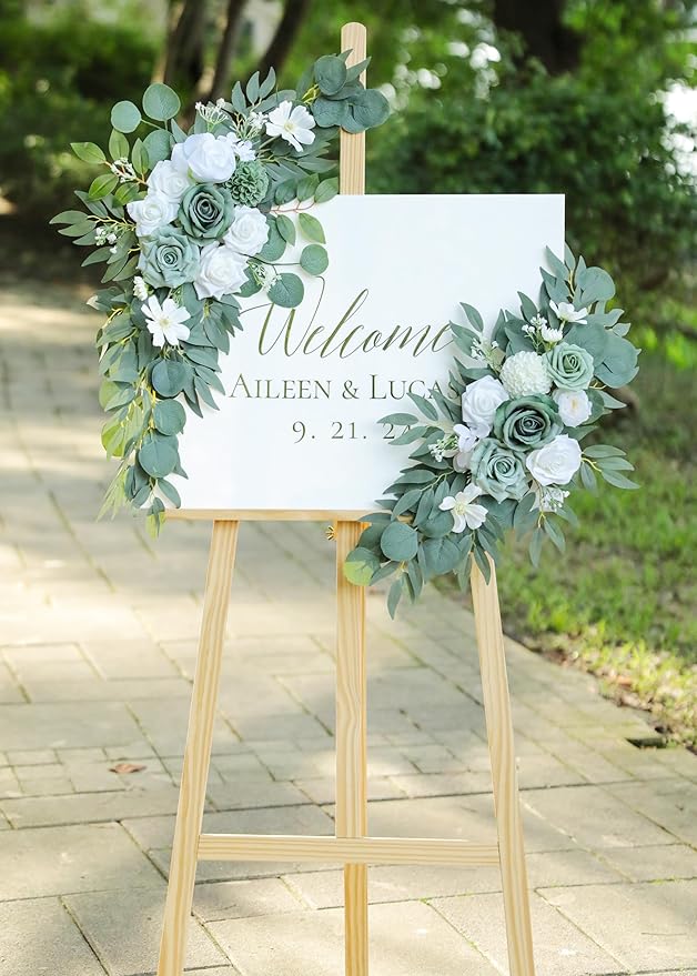 Artificial Sage Green Wedding Arch Flowers Swags Set of 2 for Welcome Signs, Reception and Ceremony Decorations - White Floral Decor