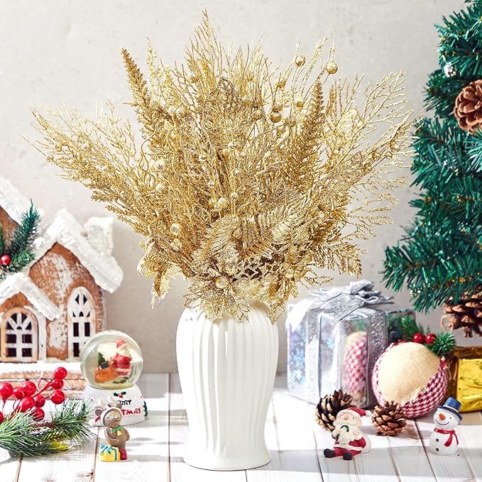 30 Pcs Artificial Christmas Tree Picks and Sprays Glitter Berry Stem Branches Holly Floral Picks Twigs Christmas Tree Ornaments for DIY Xmas Wreath Vase Filler Decorations(Gold)