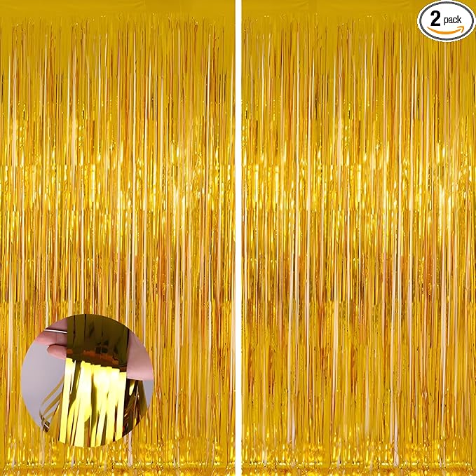 Keyali 2 Pack 3.3 * 8.3 ft Foil Curtain Metallic Tinsel Fringe Curtains Photo Booth Props Backdrop for Birthday Wedding Engagement Baby Shower Christmas Holiday Celebration Partyl,Gold