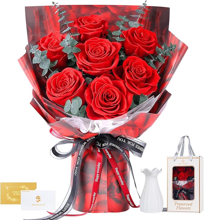 Preserved Flowers Bouquet 7 Roses - Red Real Rose & Flowers for Delivery, Long-Lasting Flower with Gift Box, Eternal Roses Bouquet for Mothers, Mom, Wife, Anniversary Birthday Gifts for Women