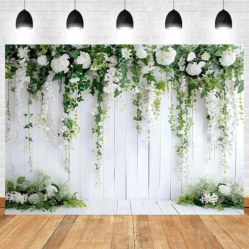 10x6.5ft White Flower Backdrop Green Leaves Wedding Bridal Shower Photography Background Floral Rustic Wood Wall Birthday Party Banner Decorations Reception Ceremony Portrait Photo Booth Prop