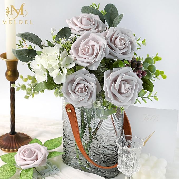 Meldel Artificial Flowers 50pcs Real Looking Dusty Violet Pale Lavender Foam Fake Roses with Stems for DIY Wedding Bouquets Bridal Shower Centerpieces Floral Arrangements Home Decorations Bulk Rose
