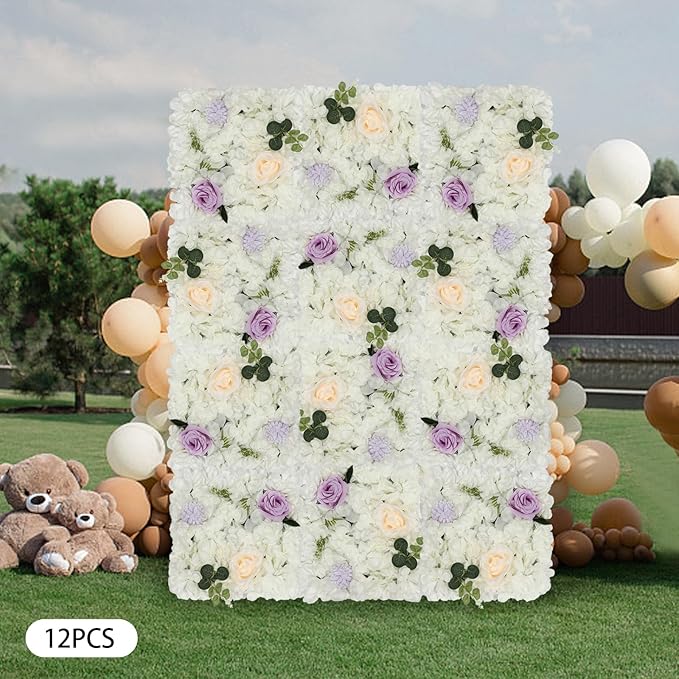 3D Flower Wall Panel Floral Backdrop,12PCS Artificial Flower Wall Background Silk Rose Mat, Artificial Flower Backdrop Faux Flower Panel for Wedding