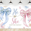 Riyidecor Gender Reveal Backdrop Polyester Fabric Bow Baby Shower Leaves He or She What Will Baby Be Pink Blue 7Wx5H Feet Newborn Photography Background Gender Reveal Photo Studio Shoot