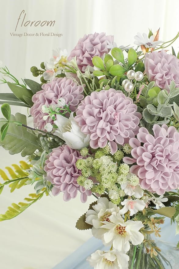 Floroom Artificial Dahlia Flowers 25pcs Real Looking Pale Lavender Foam Fake Roses with Stems for DIY Wedding Bouquets Lilac Bridal Shower Centerpieces Floral Arrangements Party Tables Home Decoration