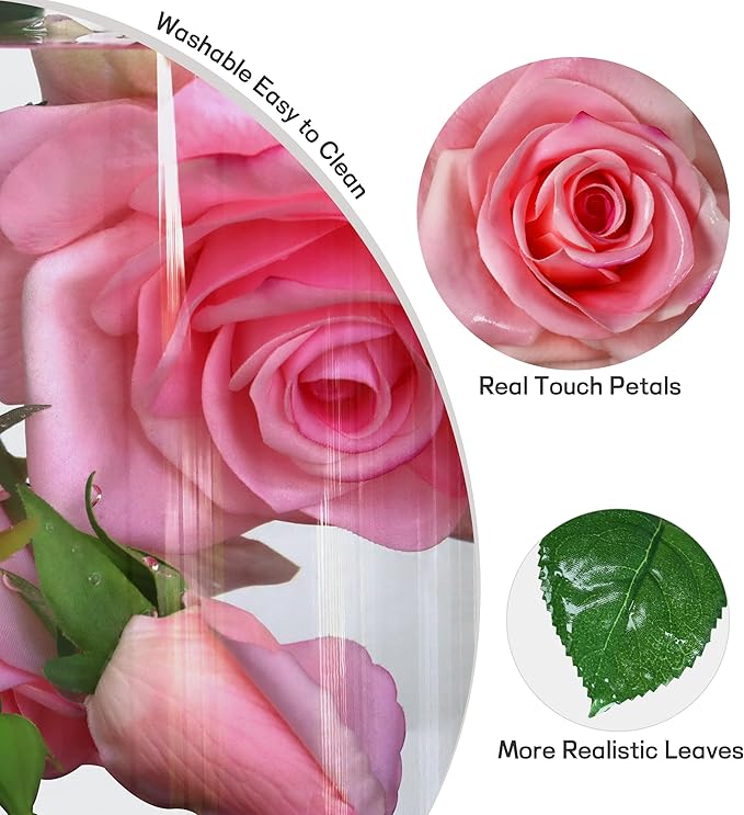 Pink Roses Artificial Flowers Indoor,Realistic Fake Flowers 5 Bouquets (15 Heads) for Living Room Decor,Real Touch Fake Plants for Bathroom Kitchen Office Wedding Centerpiece Table Bridal Shower Decor