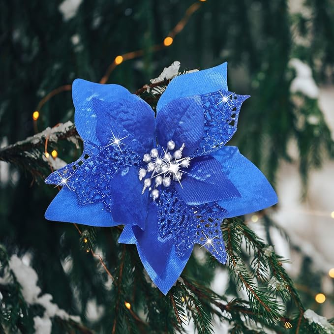 WILLBOND 36 Pieces Christmas Poinsettia Glitter Faux Flowers Christmas Artificial Flowers Tree Ornaments Topper Xmas Decorations(Royal Blue)