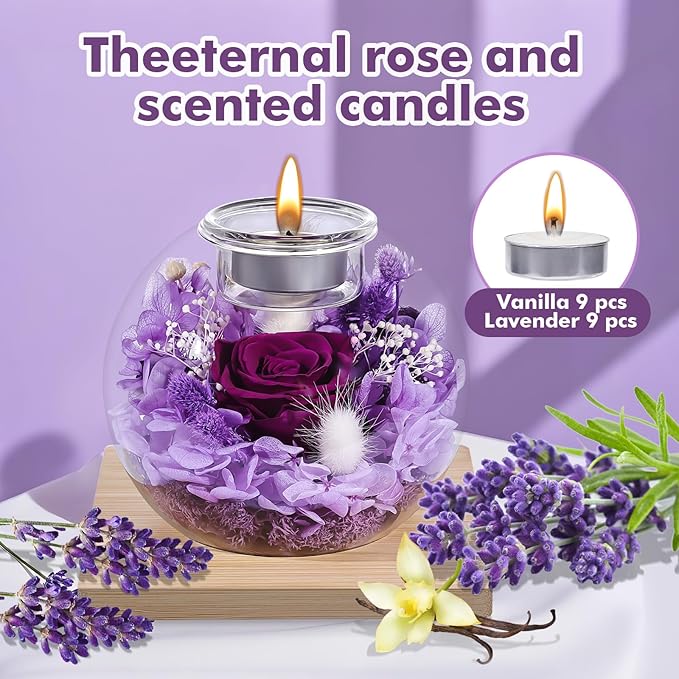 Christmas Birthday Gifts for Women Preserved Roses in Glass Dome with Scented - Romantic Preserved Flower for Women, Girlfriend, Wife, Mom, Grandma, Sister, Her-Purple