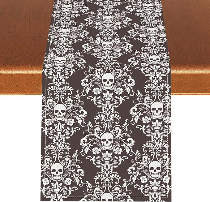 Vintage Gothic Table Runner, Retro Baroque Luxury Dark Skull Day of Death Witchy Coffee Table Center Decor for Home Kitchen Dining Patio Holiday Party Table Decorations 13x90 inches