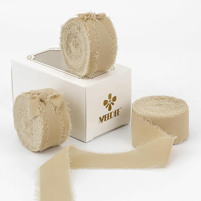MEEDEE Khaki Chiffon Ribbon 1 Inch Fringe Ribbons Cream Chiffon Silk Frayed Edge Ribbon Thin Chiffon Ribbons for Crafts, Gift Wrapping, Wedding Invitation (3 Rolls 21 Yards)