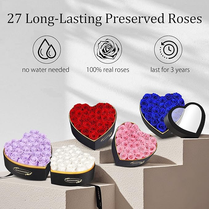 27 Preserved Roses in Heart Shape Gift Box for Her - Forever Flowers for Delivery, Eternal Rose Mothers Gifts for Mom, Wife Anniversary Birthday Gifts for Women, Purple