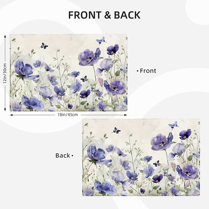 Farmhouse Flowers Placemats Set of 4 Butterfly Lavender Floral Plants Flower Leaves Placemats Rustic Floral Waterproof Washable Table Placemats for Dining Kitchen Decoration 4 PCS
