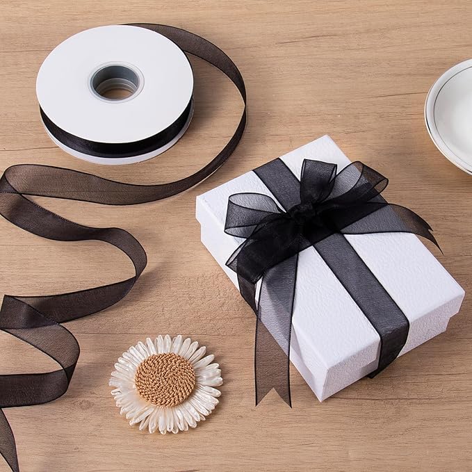 Sheer Organza Ribbon 1 Inch Chiffon Ribbons for Gift Wrapping, Flower Bouquet, 50 Yards/Roll (Black)