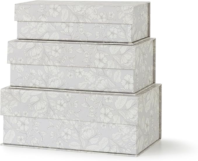 Soul & Lane Decorative Storage Boxes with Lids, Set of 3 Memory Keepsake Boxes with Magnetic Closure, Cardboard Storage for Photos, Documents, Gifts, Home Decor, Subtle Bloom