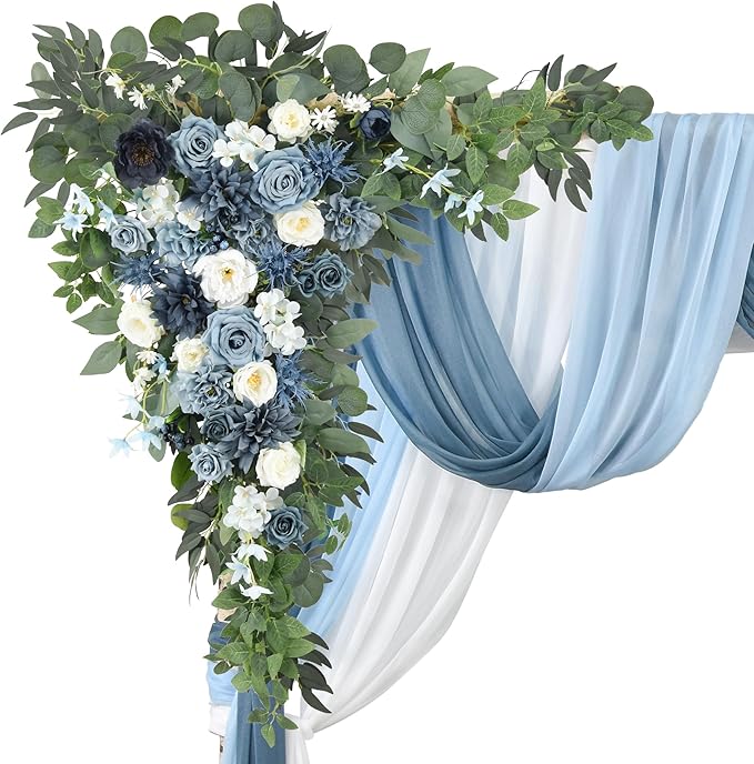 Wedding Arch Flowers Pack of 5,2pcs Large Artificial Floral Swag Arrangement and 3pcs Fabric Drap for Wedding Ceremony Arbor Reception and Backdrop Outdoor Decoration (Blue and White)